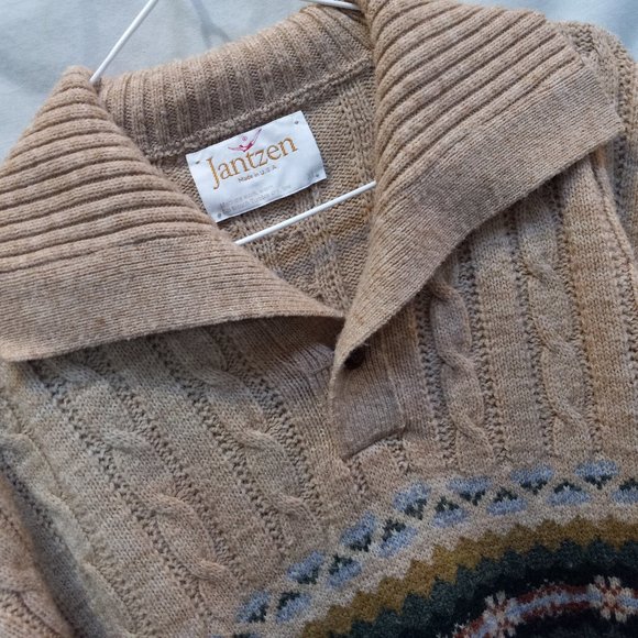 Vintage 1970's Jantzen Collared Single Button Sweater Fair Isle Nordic XL T-347 - Picture 8 of 13